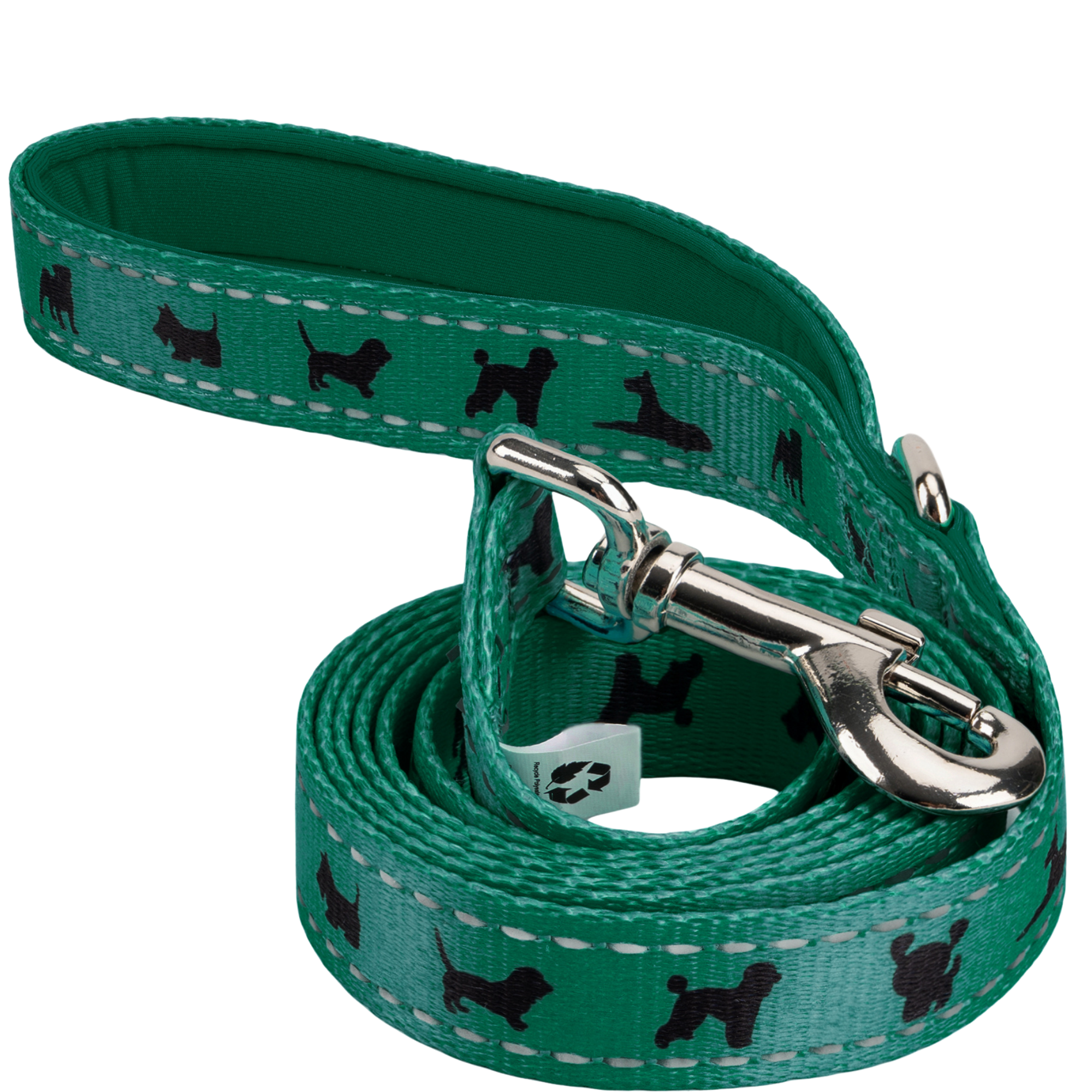 EcoBark Forest Green Dog Leash by Southlake Paws with padded grip, featuring black dog silhouettes on a green background.
