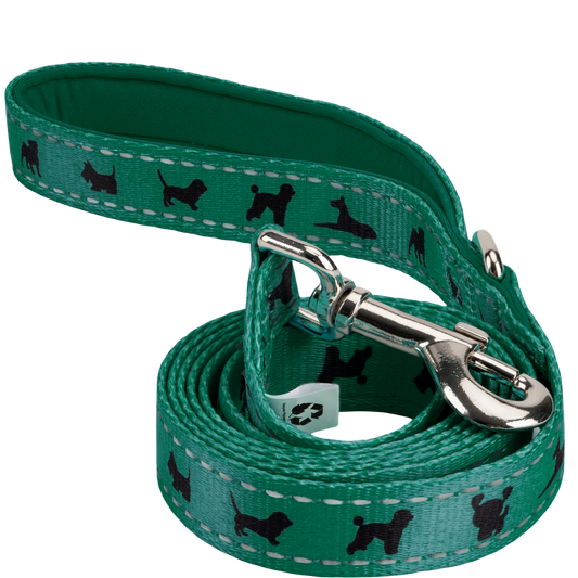 EcoBark Forest Green Dog Leash by Southlake Paws with padded grip, featuring black dog silhouettes on a green background.