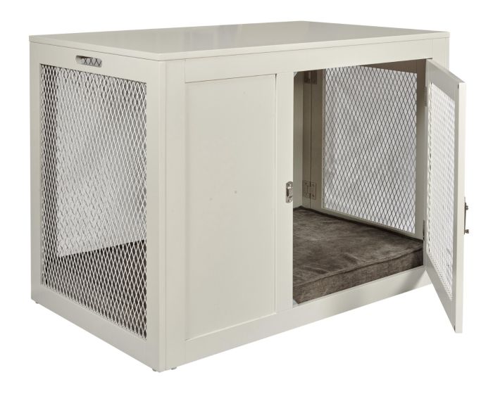Dog kennel with mesh sides and a cushioned floor on a white background