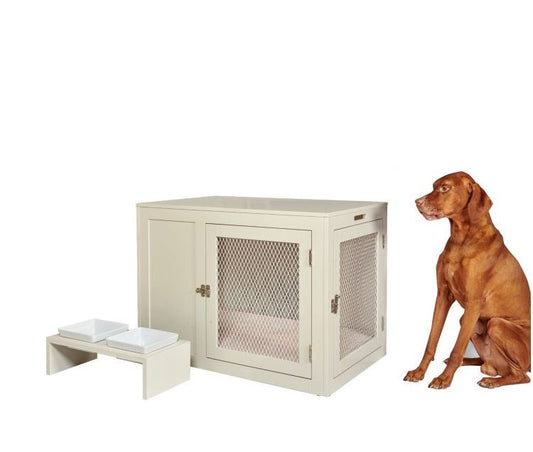 Dog kennel with a dog sitting next to it on a white background