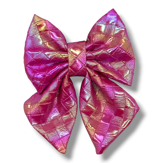 Fuchsia Meadows Leather Flower Tie by Southlake Paws features a large, shiny fuchsia bow with a quilted texture.