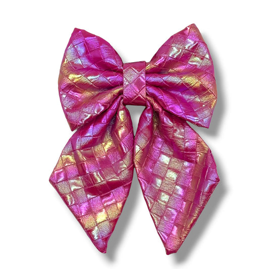 Fuchsia Meadows Leather Flower Tie by Southlake Paws, featuring a large, shiny fuchsia bow with a textured pattern.