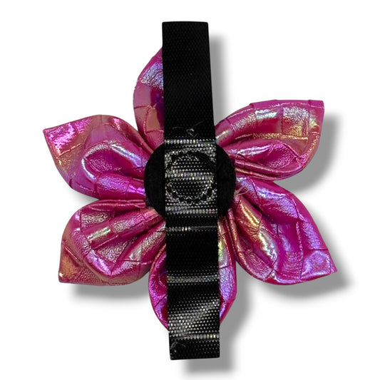 Fuchsia Meadows Leather Flower Tie by Southlake Paws featuring a vibrant pink flower design with a black strap.