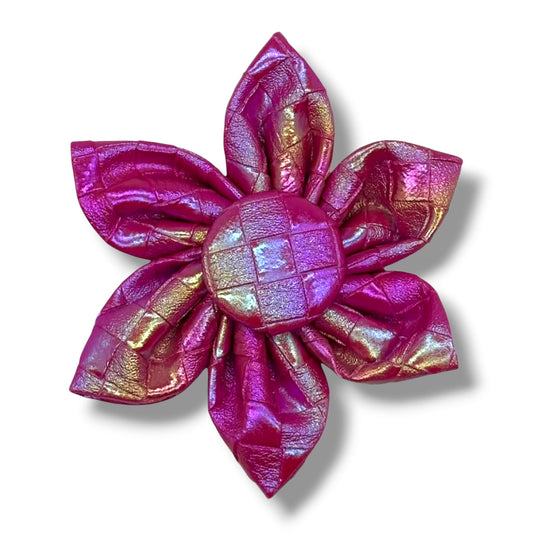 Fuchsia Meadows Leather Flower Tie by Southlake Paws, featuring a vibrant fuchsia flower design with a shiny finish.