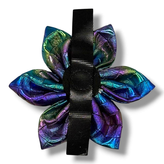 Southlake Paws Mystical Haze - Leather Flower Tie featuring a colorful, iridescent flower design with a black strap.