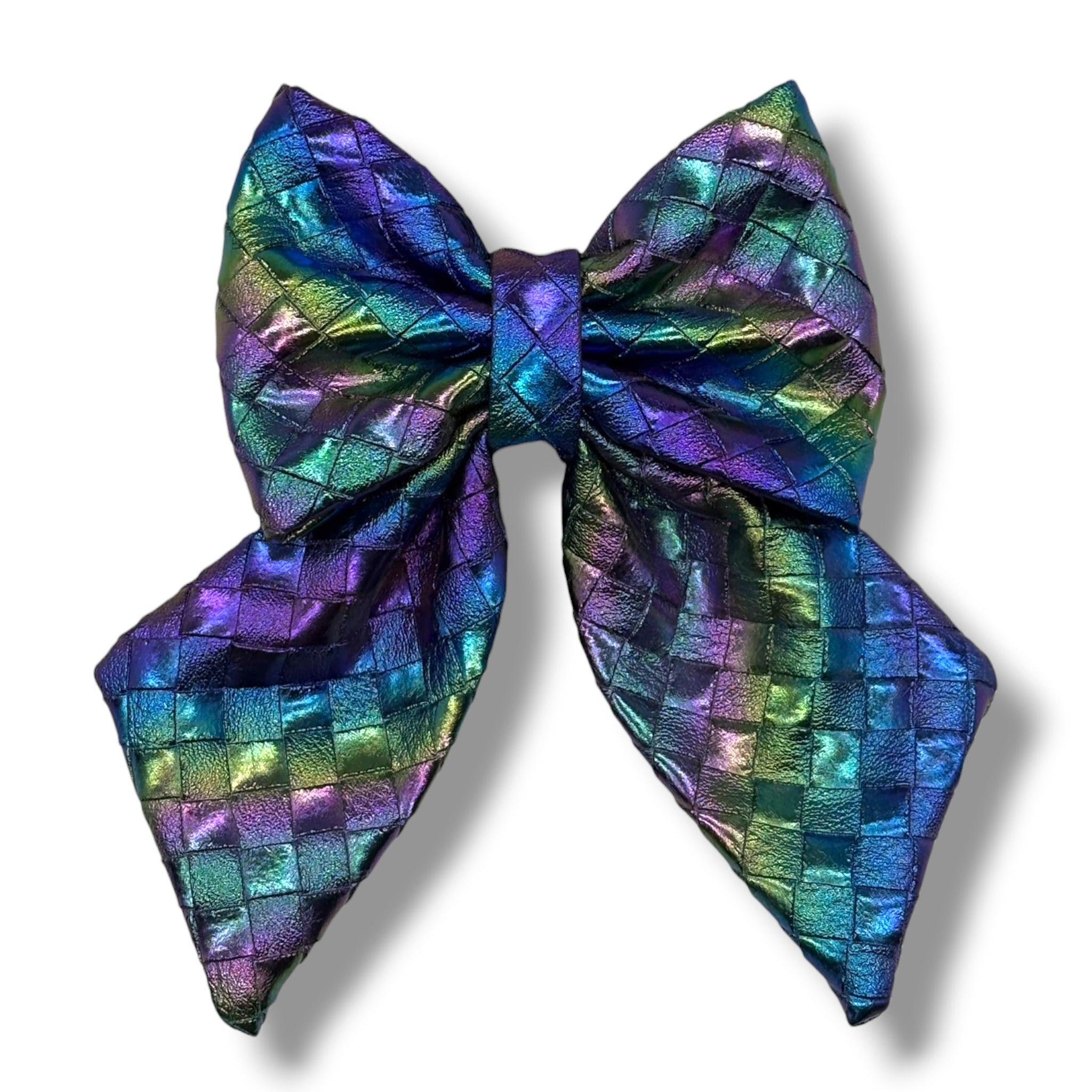 Southlake Paws Mystical Haze - Leather Flower Tie features a vibrant, iridescent bow with a woven texture in purple and green