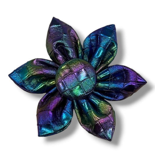 Southlake Paws Mystical Haze - Leather Flower Tie featuring a vibrant, iridescent flower design with a central button.