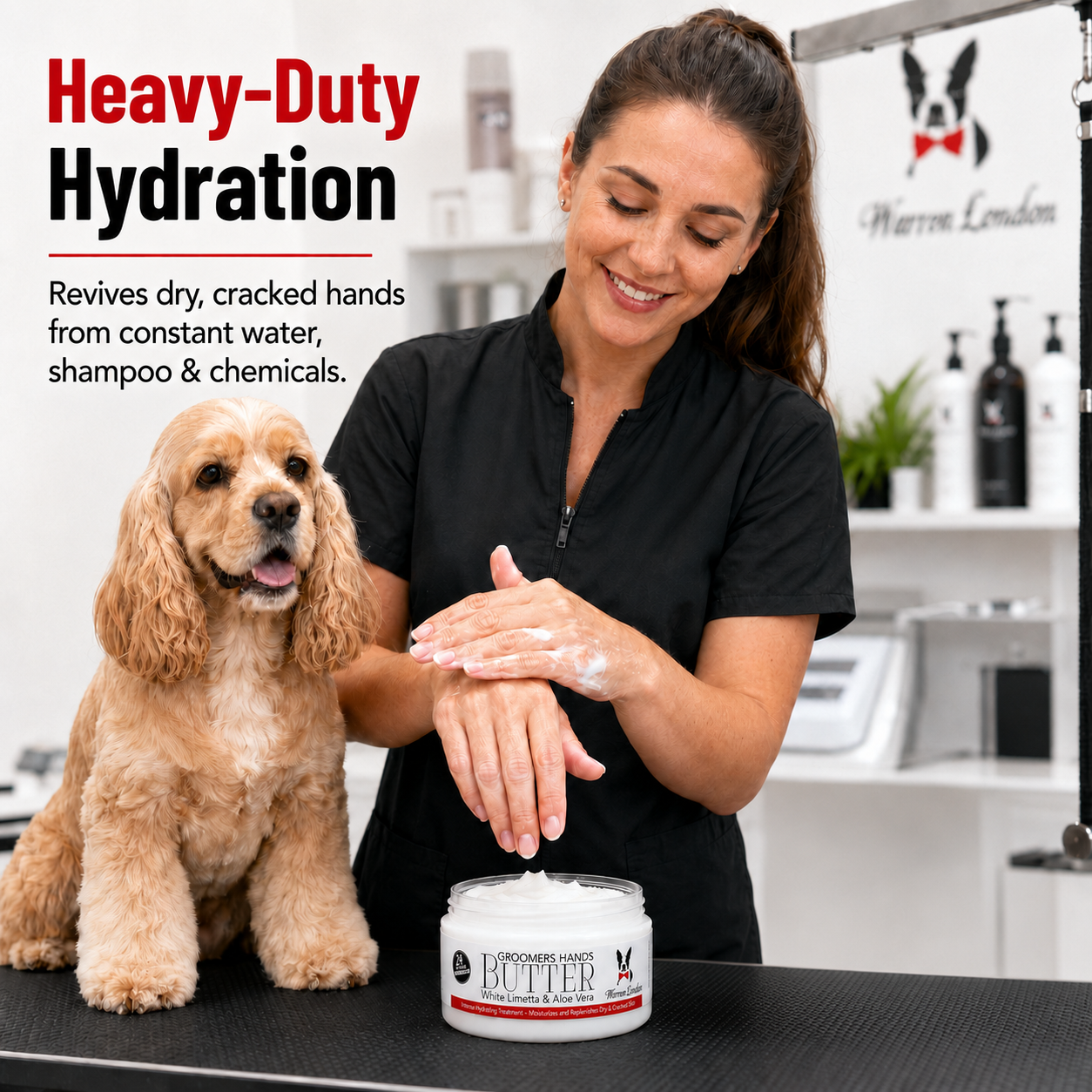 Southlake Paws Groomers Hands Butter - Leave-In Hand Moisturizer in a jar, with a groomer applying it while a dog sits beside