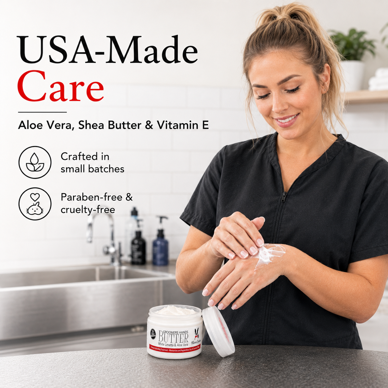 Southlake Paws Groomers Hands Butter - Leave-In Hand Moisturizer with aloe vera, shea butter, and vitamin E, in a jar.