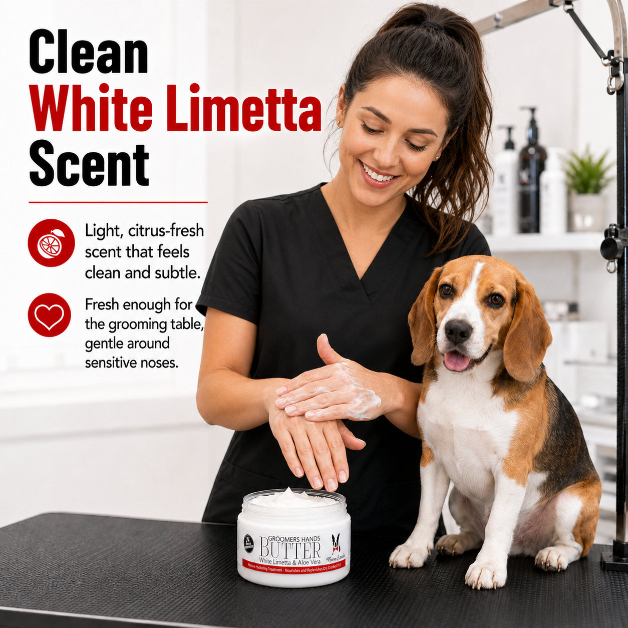 Southlake Paws Groomers Hands Butter - Leave-In Hand Moisturizer in a jar, with a groomer applying it while a beagle sits bes