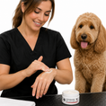 Load image into Gallery viewer, Southlake Paws Groomers Hands Butter - Leave-In Hand Moisturizer, shown being applied by a woman next to a golden doodle.
