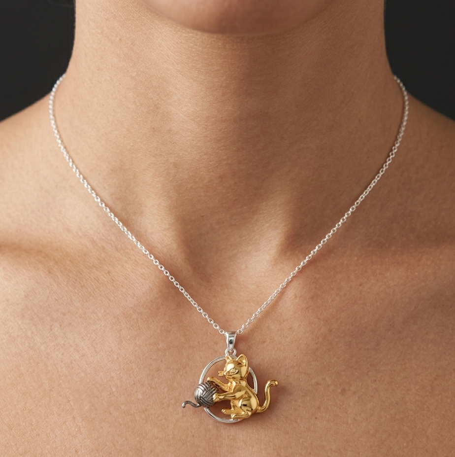 Cat and Yarn Necklace- 925 Sterling Silver 18k Gold Plated