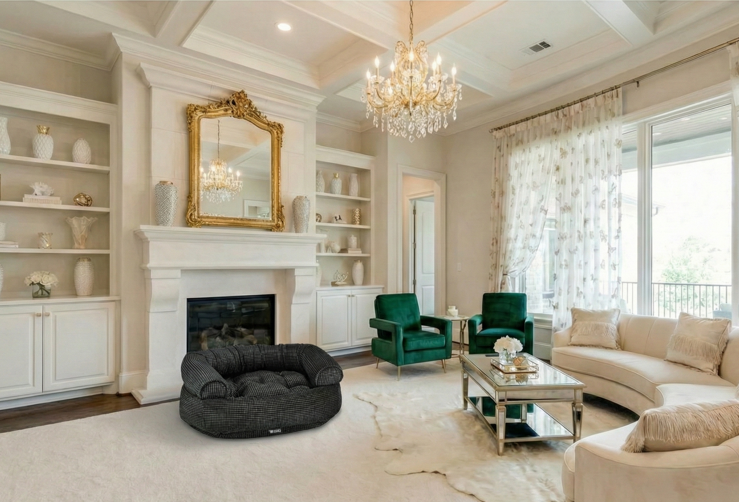 Luxurious living room with a fireplace, chandelier, and modern furniture.