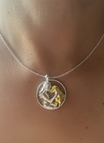 Load image into Gallery viewer, Girl Hugging Dog Necklace- 925 Sterling Silver Two Toned Piece
