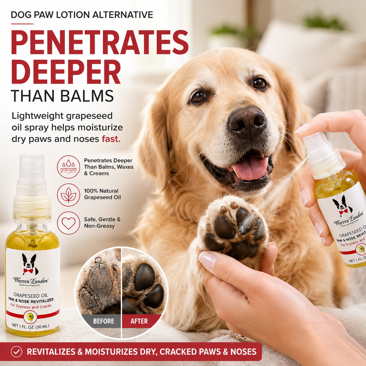 Southlake Paws Grapeseed Oil Paw and Nose Revitalizer in a spray bottle, with a dog and before-and-after paw images.