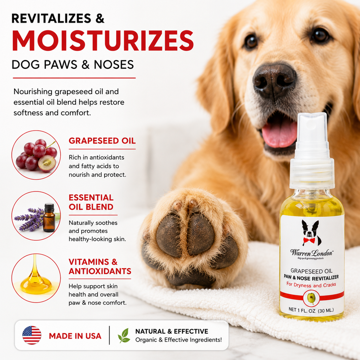 Grapeseed Oil Paw and Nose Revitalizer by Southlake Paws, featuring a bottle and a dog's paw, highlighting moisturizing benef