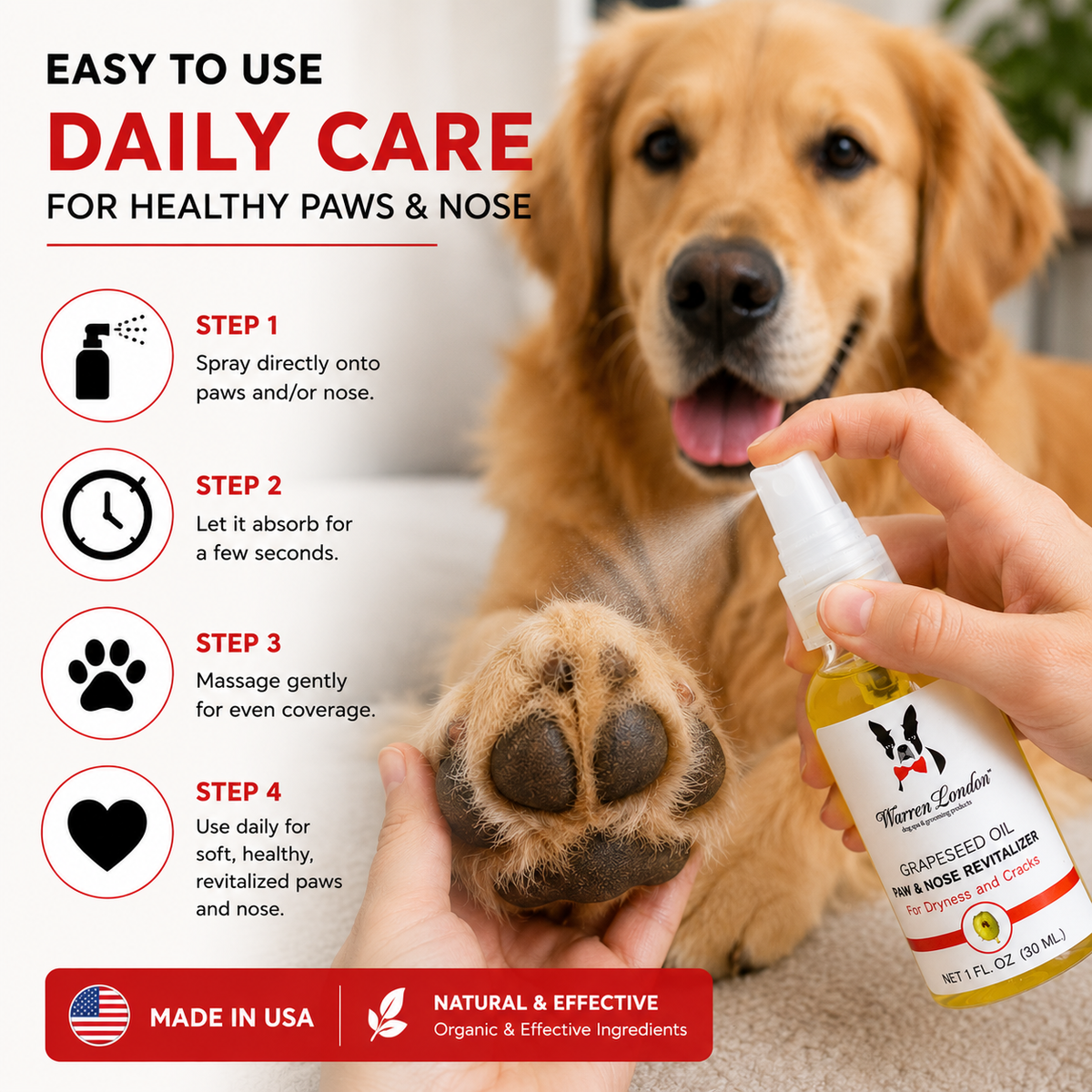 Southlake Paws Grapeseed Oil Paw and Nose Revitalizer in a spray bottle, with a dog and care instructions in the background.