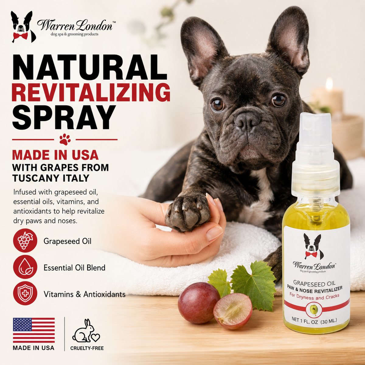 Grapeseed Oil Paw and Nose Revitalizer by Southlake Paws, featuring a spray bottle with a dog and grapes in the background.