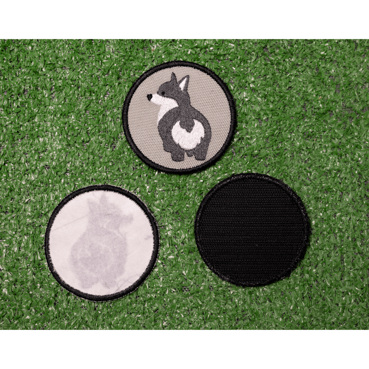 Gray Corgi Bum Patch by Southlake Paws featuring a cute corgi design on a circular fabric patch. Three patches shown.