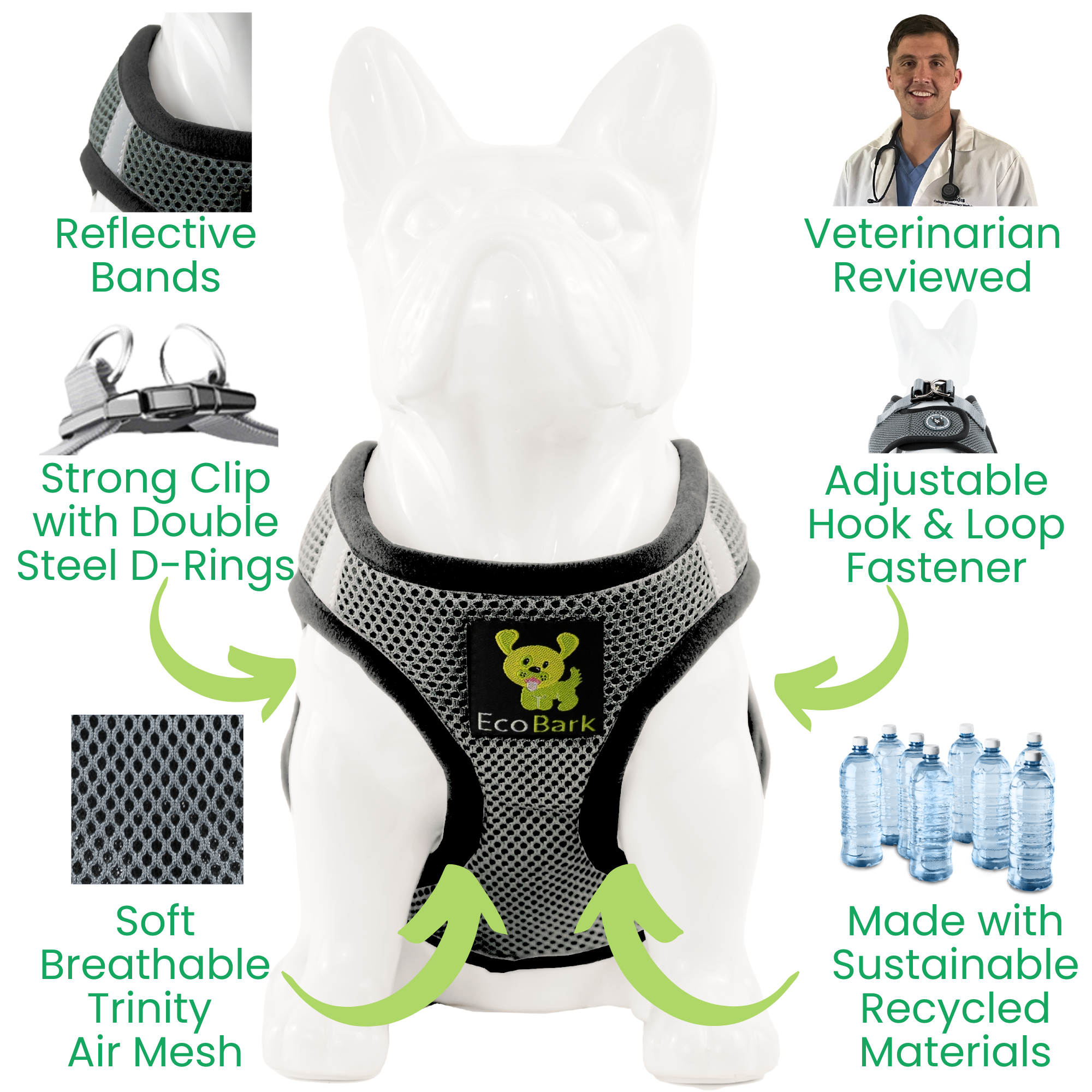EcoBark Step In Dog Harness - XXXS to Small Breeds- Reflective Soft Mesh Harness for Teacup, Small Dogs and Puppies / Gray