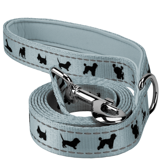 EcoBark Gray Dog Leash by Southlake Paws, featuring a padded comfort grip and dog silhouettes, available in 4ft, 5ft, and 6ft