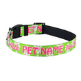 Load image into Gallery viewer, Personalized Green Daisy Dog Collar featuring a bright green design with pink text for pet name and contact number.
