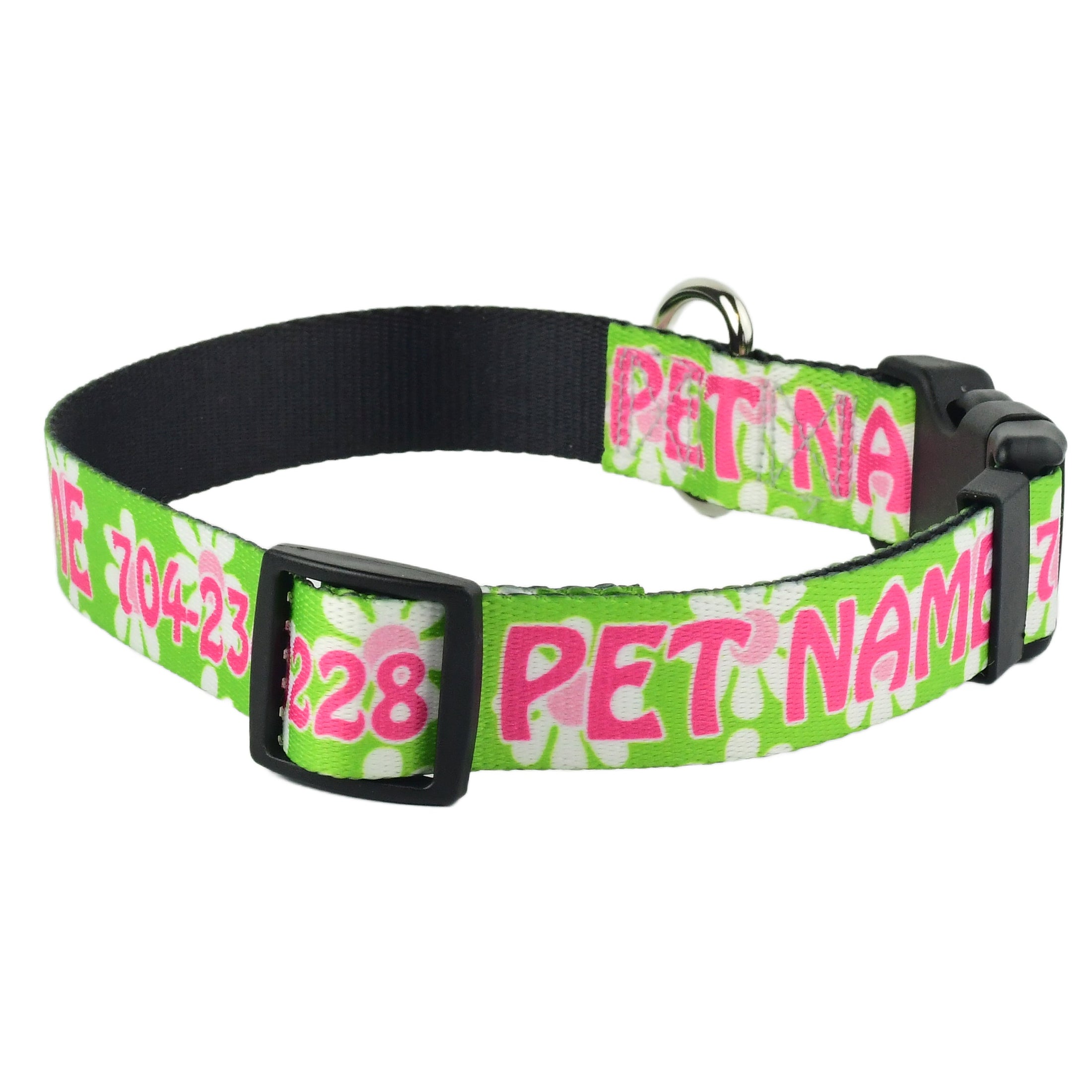 Personalized Green Daisy Dog Collar by Southlake Paws featuring a vibrant green design with pink text for customization.