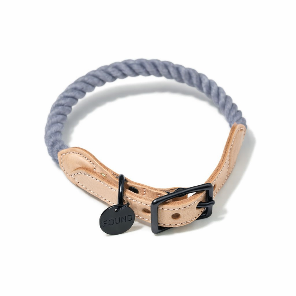 Grey Up-Cycled Rope Cat & Dog Collar – Matte Black Hardware