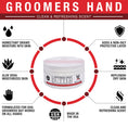 Load image into Gallery viewer, Southlake Paws Groomers Hands Butter - Leave-In Hand Moisturizer in a round container with benefits and ingredients highlight
