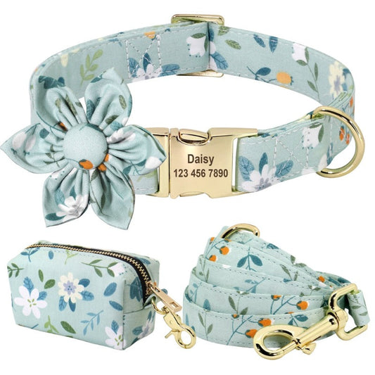 Light Blue Flower Dog Collar & Leash Set with Matching Poop Bag Case | Personalized Free