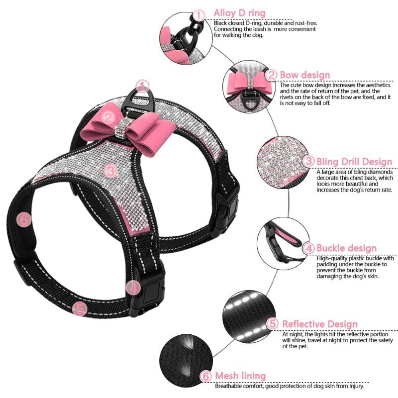 Reflective Bling Rhinestone Bow Dog Harness - Southlake Paws