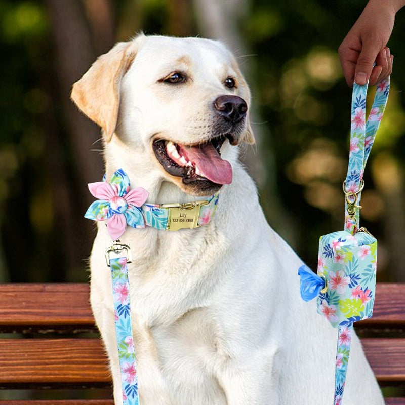 Pastel Pink Flower Dog Collar & Leash Set with Matching Poop Bag Case | Personalized Free - Southlake Paws