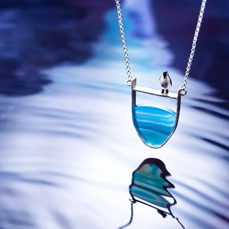 925 Sterling Silver Natural Agate Penguin Pendant Necklace
