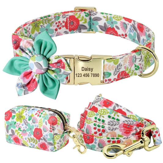 Floral Garden Dog Collar & Leash Set with Matching Poop Bag Case | Personalized Free - Southlake Paws