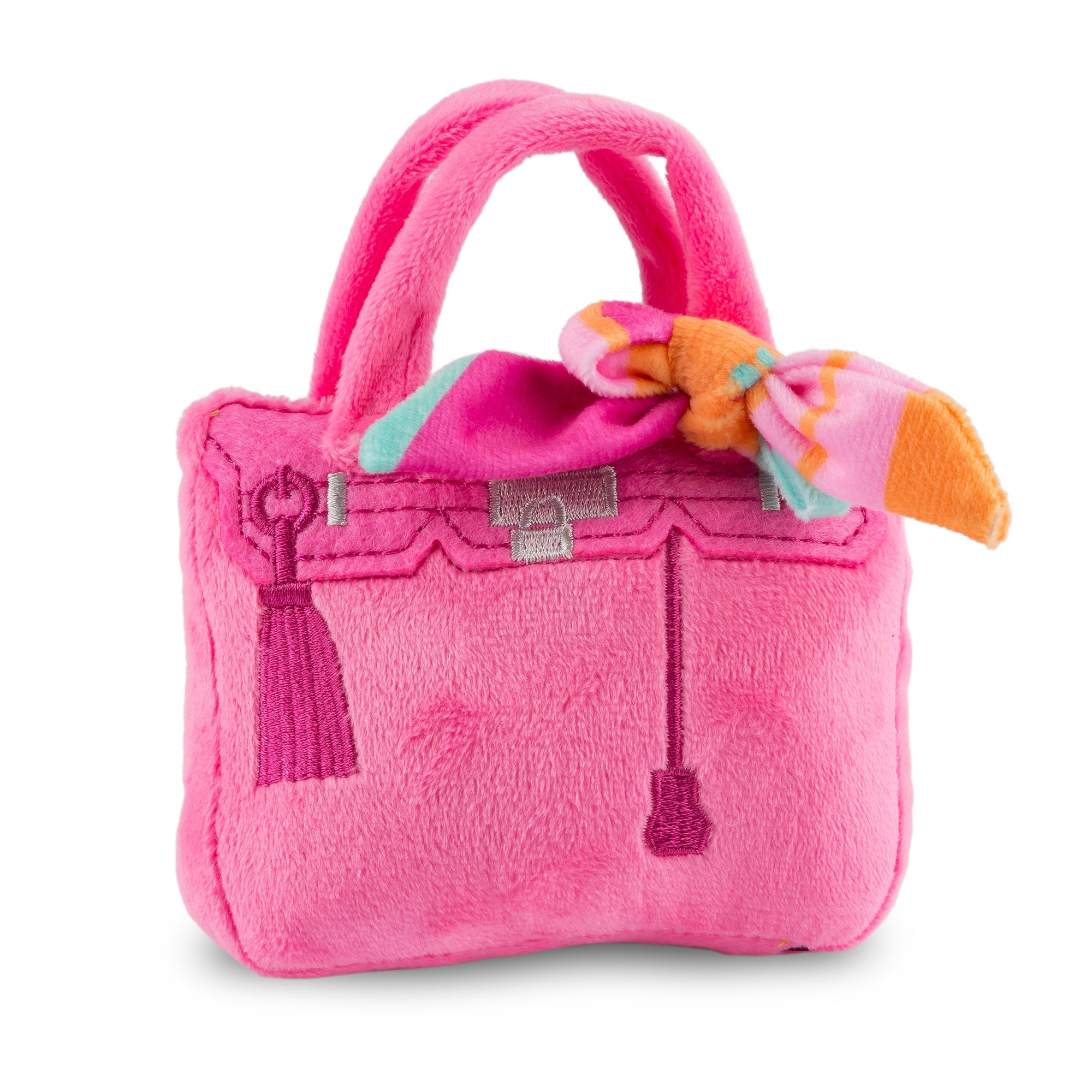 Barkin Bag - Pink w/ Scarf (Chic Doggie) | Squeaky Plush Dog Toy with Crinkle & Mesh Lining