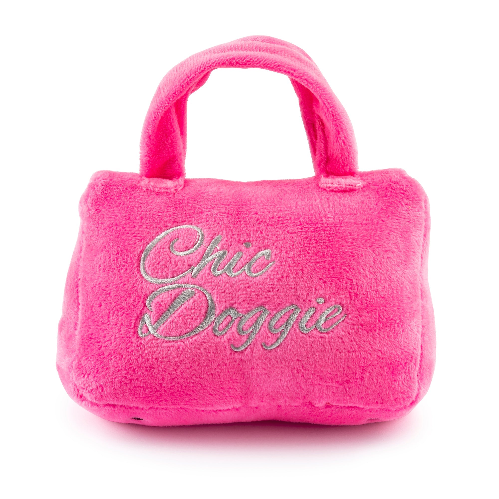 Barkin Bag - Pink w/ Scarf (Chic Doggie) | Squeaky Plush Dog Toy with Crinkle & Mesh Lining