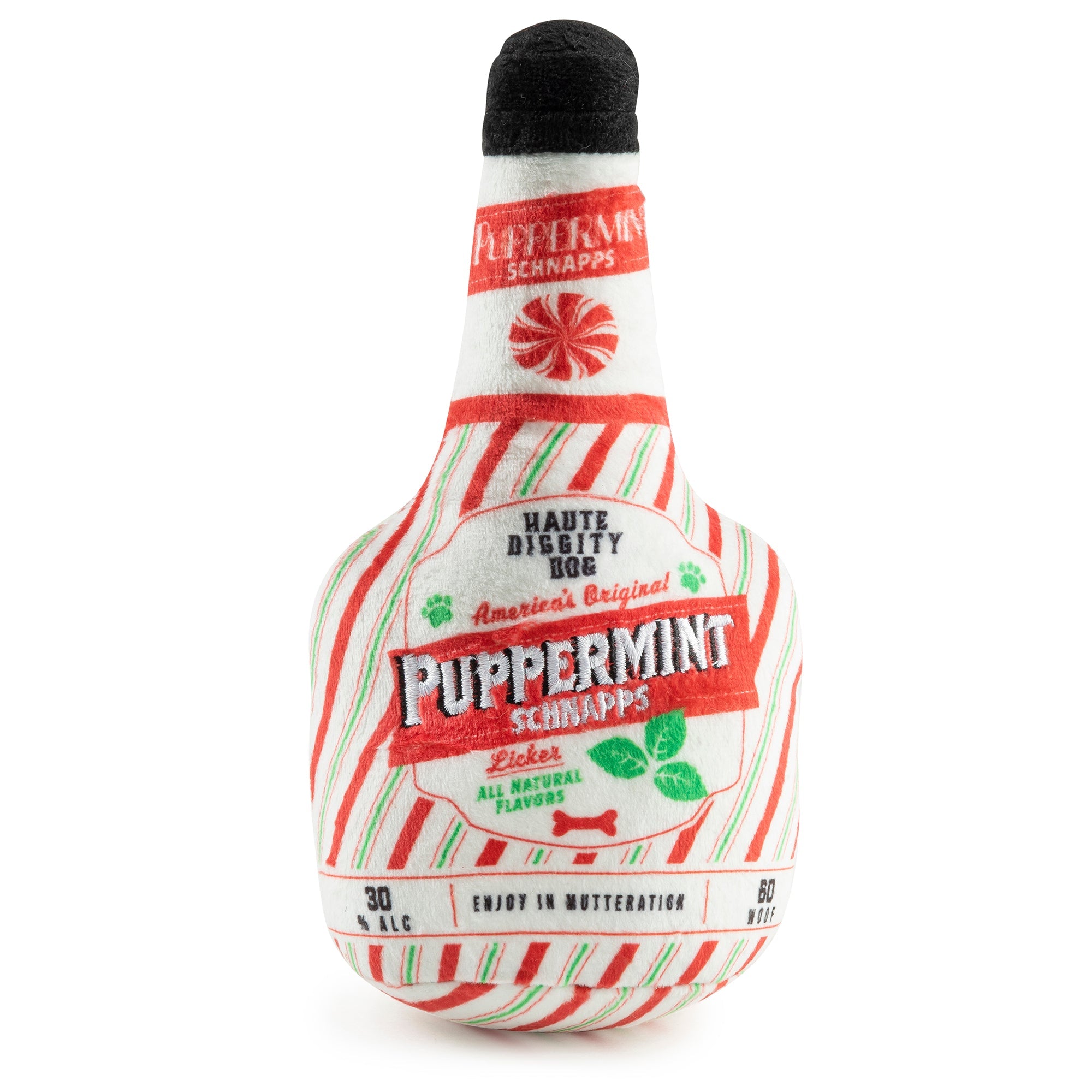 Puppermint Schnapps Bottle Holiday Christmas Plush Dog Toy