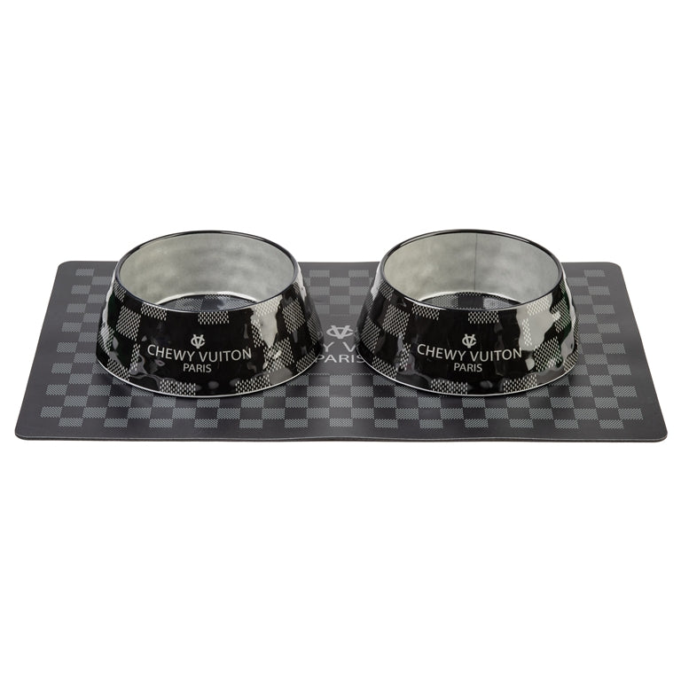 Black Checker Chewy Vuiton Bowls & Placemat Bundle
