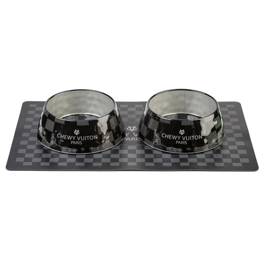 Black Checker Chewy Vuiton Bowls & Placemat Bundle