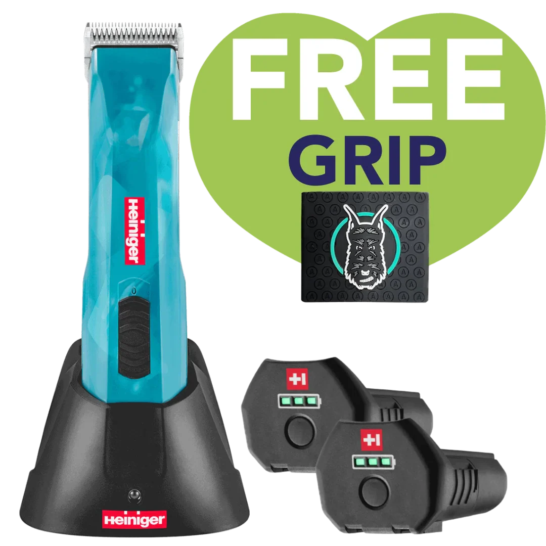 Heiniger Pre-Order Opal Cordless Clipper with two batteries and a free grip, featuring a teal clipper and charging dock.