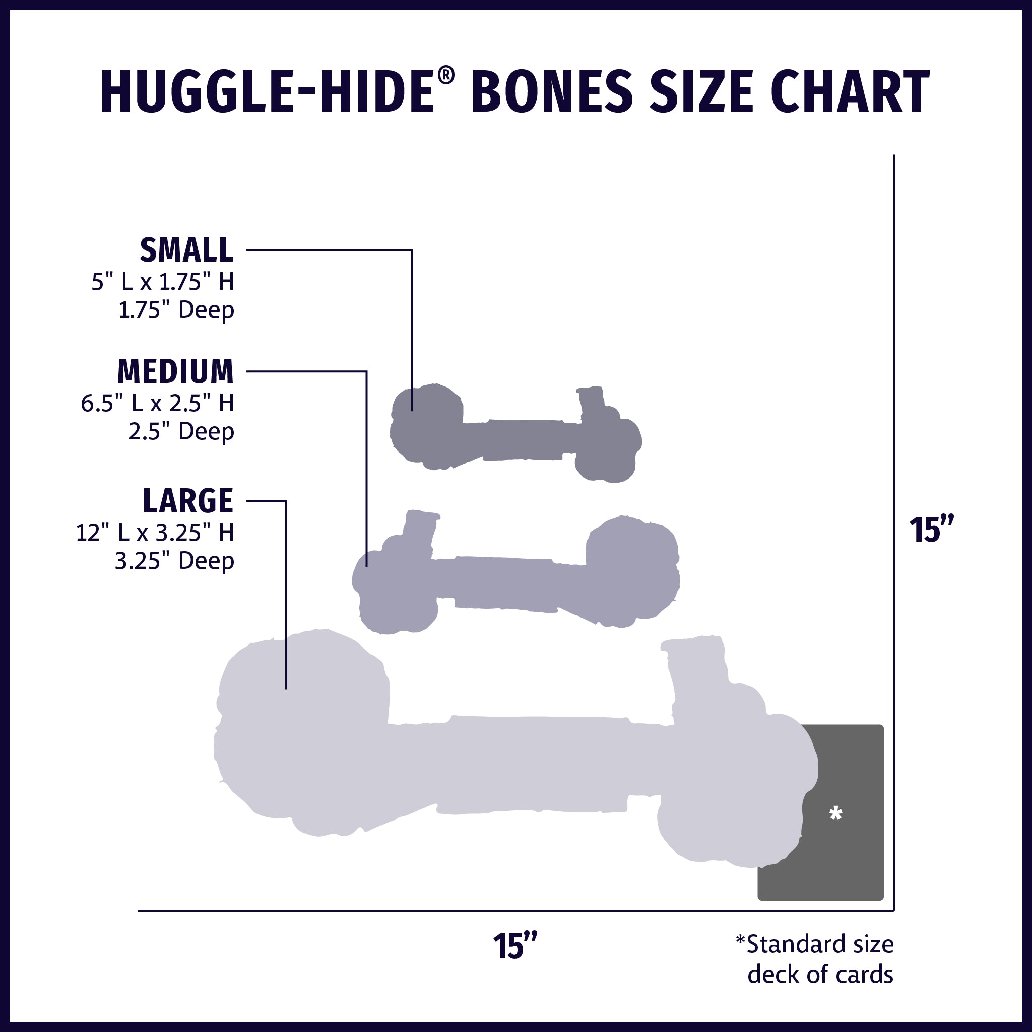 Huggle-Hide® Natural Leather Bone Dog Toy, 3 Pack size chart