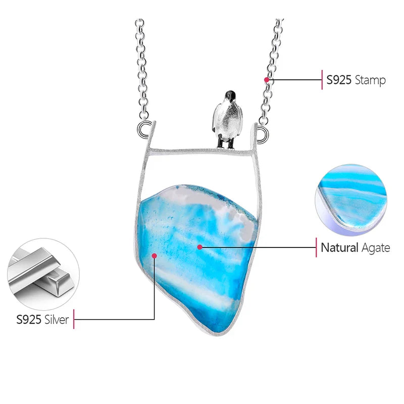 925 Sterling Silver Natural Agate Penguin Pendant Necklace