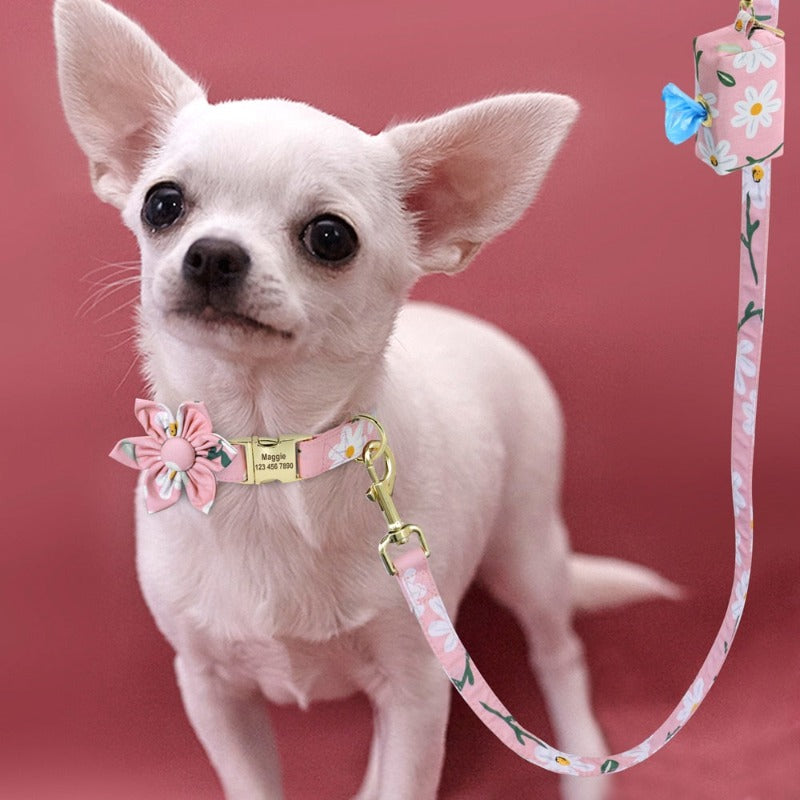 Pink Daisy Flower Collar & Leash Set with Matching Poop Bag Case | Personalized Free - Southlake Paws