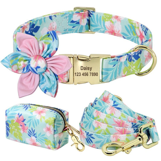 Pastel Pink Flower Dog Collar & Leash Set with Matching Poop Bag Case | Personalized Free