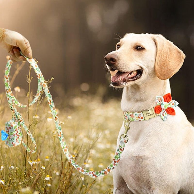Orange Flower Dog Collar & Leash Set with Matching Poop Bag Case | Personalized Free - Southlake Paws