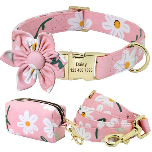 Pink Daisy Flower Collar & Leash Set with Matching Poop Bag Case | Personalized Free - Southlake Paws