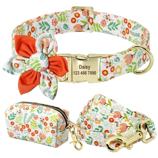 Orange Flower Dog Collar & Leash Set with Matching Poop Bag Case | Personalized Free