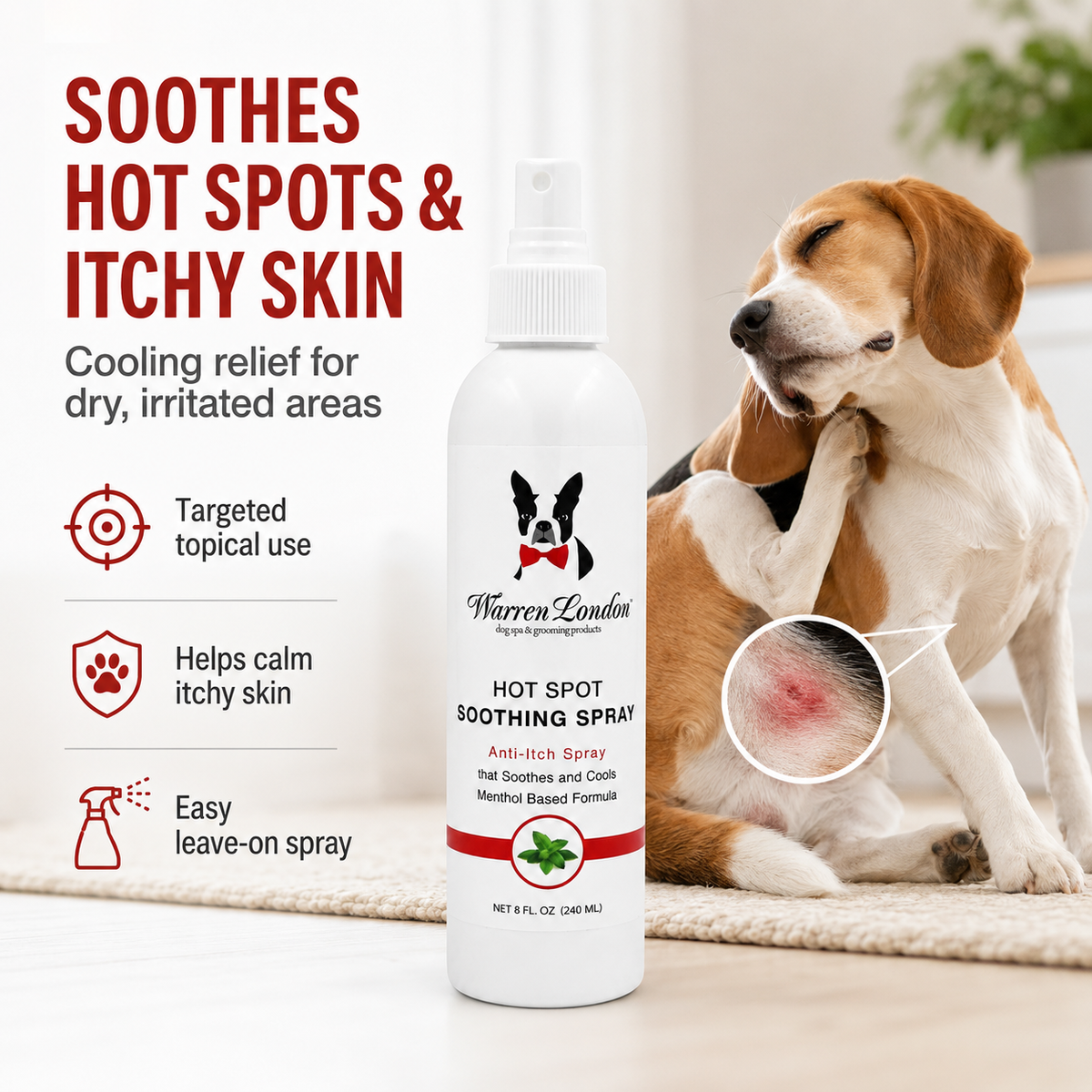 Southlake Paws Hot Spot Soothing Spray in a professional size bottle, designed for calming itchy skin and hot spots on pets.