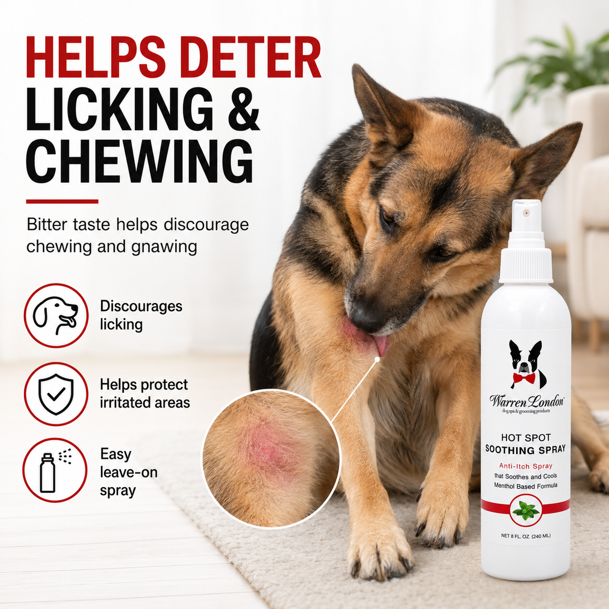 Southlake Paws Hot Spot Soothing Spray in a professional size bottle, with a dog licking its paw, showcasing its soothing pro