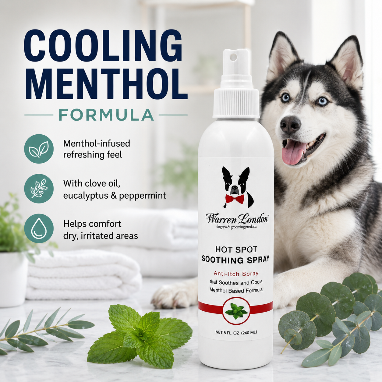 Southlake Paws Hot Spot Soothing Spray in a white bottle with a spray nozzle, featuring a husky and green leaves in the backg